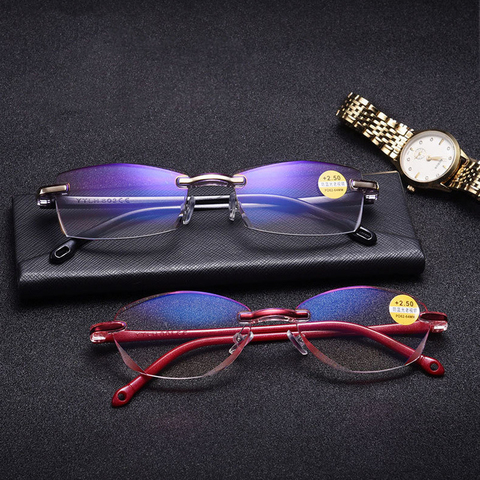 Alloy Frameless Anti-blue Light Reading Glasses Men Diamond-cut Presbyopic Glasses Women Finished Glasses PC TR90 Gafas +150 ► Photo 1/6