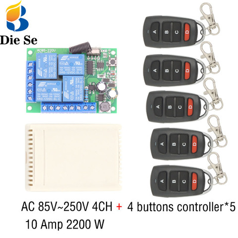 433MHz Universal Wireless Remote Control AC 110V 220V 10Amp 2200W 4CH Relay Receiver Module RF Switch for Gate Garage opener ► Photo 1/6