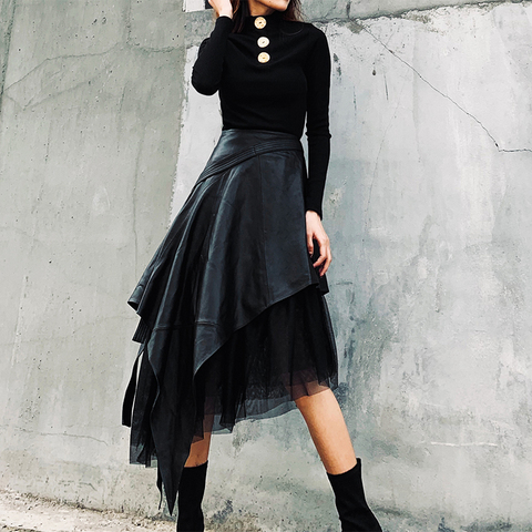 LANMREM 2022 autumn New PU Leather Skirt In The Long Section Of High Waist A-line Long Irregular Mesh Skirt 19B-a444 ► Photo 1/6