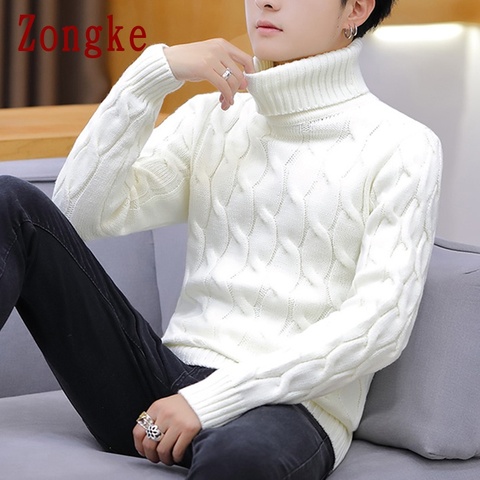 White Casual Turtleneck Sweaters Men Pullovers Autumn Winter