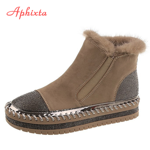 Aphixta Real Hair Warm Winter Crystals Shoes Woman Elastic Band Couple Chunky Sole Platform Big Size 44 Waterproof Ankle Boots ► Photo 1/6