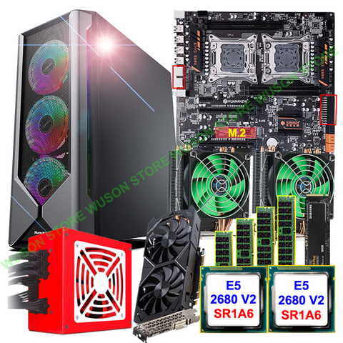 HUANANZHI dual X79-4D motherboard bundle E-ATX PC case 800W PSU dual CPU E5 2680 V2 with coolers RAM 4*16G video card GTX1050TI ► Photo 1/6