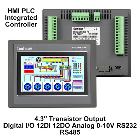 4.3'' HMI PLC Integrated Controller 4.3Inch Touch Panel DC24V Transistor Output Digital I/O 12DI 12DO Analog 0-10V RS232 RS485 ► Photo 1/6