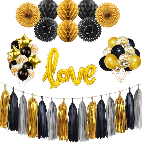 Birthday decorations Happy Birthday Banner Black Gold Balloons Heart Star Foil Balloons Paper Pompoms Tassels For Party Supplies ► Photo 1/6