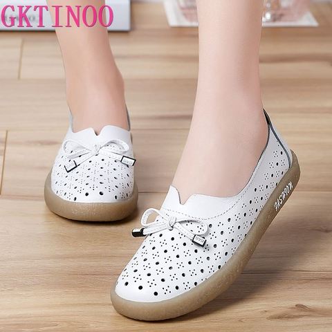 GKTINOO 2022 Genuine Leather Shoes Hollow Out Women Ballet Flats Summer Women's Solid Soft bottom Shoes Woman Slip On Loafers ► Photo 1/6