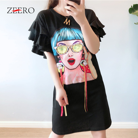 2022 Summer Streetwear 3d Cartoon Ribbon Sequins Print Ruffles Sleeve Tassel T Shirt Dresses Plus Size Women Casual Black Dress ► Photo 1/6