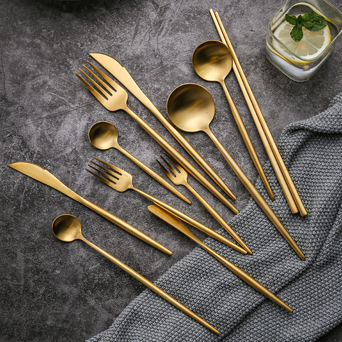 304 Stainless Steel Gold Cutlery Set Dinner Fork Knife Spoon Chopsticks Dinnerware Set Silverware Tableware ► Photo 1/6