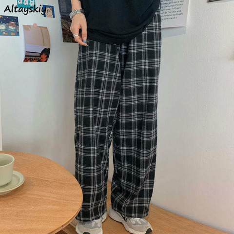 Pants Women New Fashion Plus Size 3XL Black Plaid Retro Harajuku Students Streetwear Full Length Wide Leg Trousers Womens Chic ► Photo 1/6