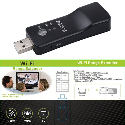 300Mpbs USB Wireless WiFi Smart TV Network Adapter Universal HDTV RJ45 Lan Port Repeater AP WPS for Samsung LG Sony TV ► Photo 1/6