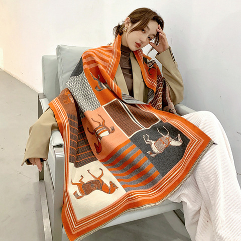 2022 Luxury Cashmere Scarf Women Winter Warm Pashmina Shawls and Wraps Design Horse Print Bufanda Thick Blanket Scarves ► Photo 1/6