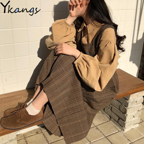 Women Autumn 2PCS Set Vintage Korean High Waist Plaid Preppy Style Brace Strap A-Line Pleated Dress Puff Sleeve Top Blouse Shirt ► Photo 1/6