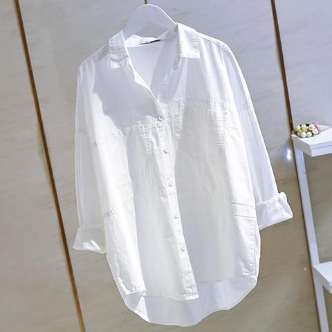 Oversize Shirts Womens 2022 Korean Fashionable Double Pocket Long Sleeve Cotton White Tops Female  Boy Friend Style Trend Blouse ► Photo 1/6