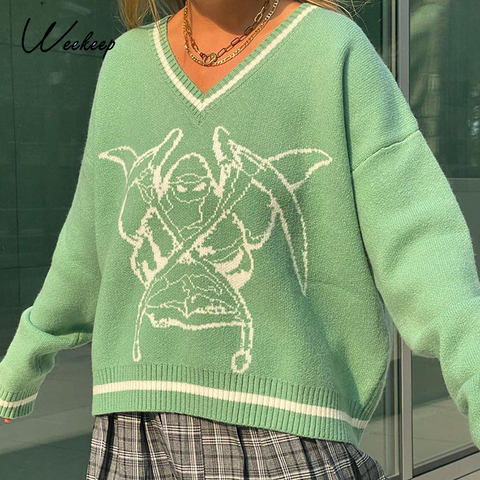 Weekeep Y2K Chic Print Streetwear Oversized Sweater Women's Casual Autumn Winter Knitted Jumper Fashion Loose Knitwear Pullovers ► Photo 1/6