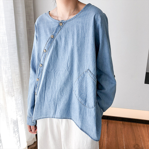 Johnature 2022 Spring New Women Shirt Slant Oblique Button Irregular Full Sleeve Wash Blue Pocket Loose Casual Top Women Blouse ► Photo 1/6