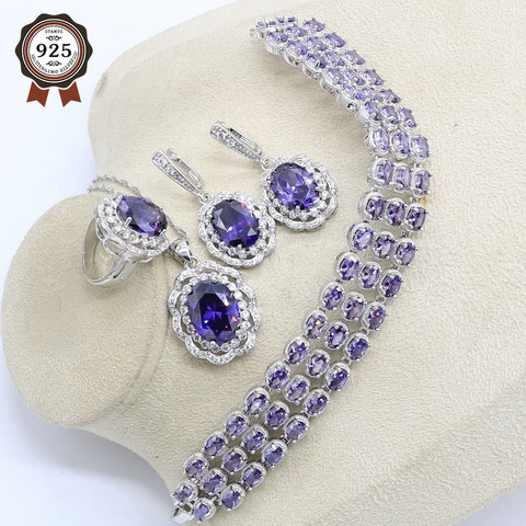 Purple  Silver Color Natural Jewelry Set for Women Bracelet Earrings Necklace Pendant Ring Gift Box ► Photo 1/6