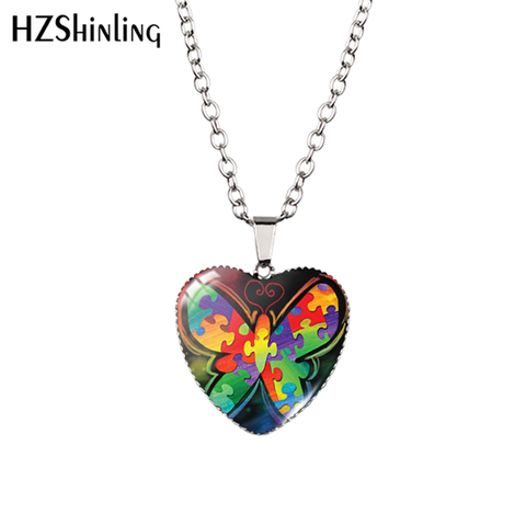 2022 New Autism Awareness Pendant Necklace Show Some Love Glass Dome Photo Jewelry Heart Pendants Gifts ► Photo 1/6