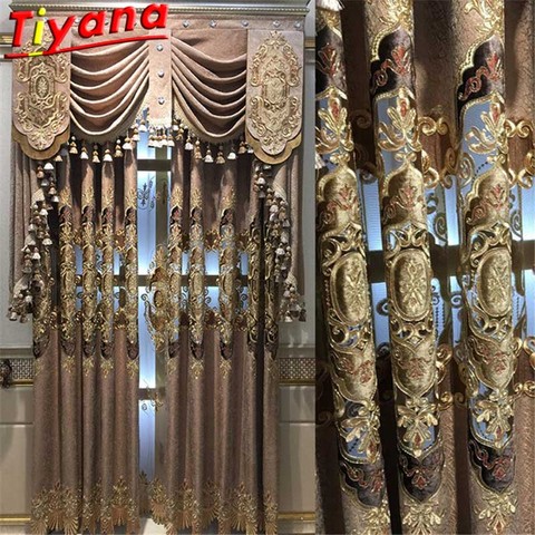 Nordic Palace Luxury Embroidered Semi-Blackout Curtain for Living Room Brown/Blue Chenille Geometry Villa Window Drapes HM141#ST ► Photo 1/6