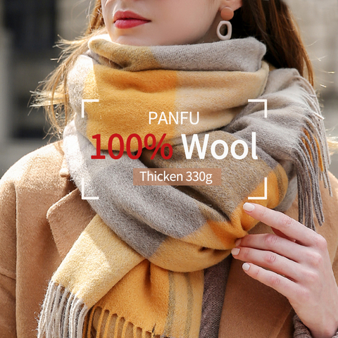 Winter 100% Wool Scarf for Women Neck Warmer Cashmere Shawls and Wraps Echarpe Pashmina Ladies Plaid Wool Scarves Foulard Femme ► Photo 1/6