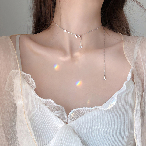 Sparkling Zircon Butterfly Long Tassel Necklace 925 Sterling Silver Clavicle Chain Choker Necklace For Women Wedding Gift NK031 ► Photo 1/6