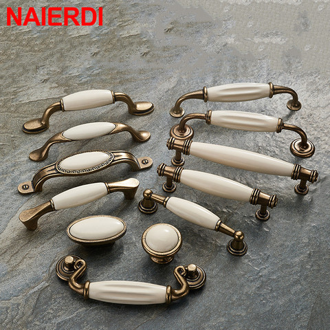 NAIERDI Zinc Alloy Antique Bronze Ceramic White Cabinet Handles Drawer knobs Wardrobe Door Handle European Furniture Hardware ► Photo 1/6