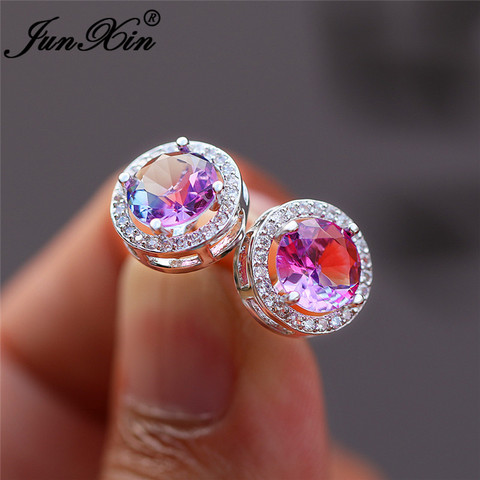 Boho Gradient Colorful Purple Pink Zircon Round Stud Earrings For Women White Gold Rainbow Fire Crystal Wedding Earrings Jewelry ► Photo 1/6