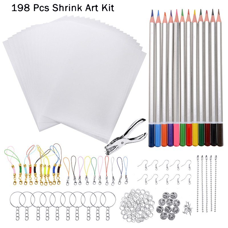 198PCS Heat Shrink Plastic Sheet Kit Shrinky Art Paper Hole Punch DIY Keychains 