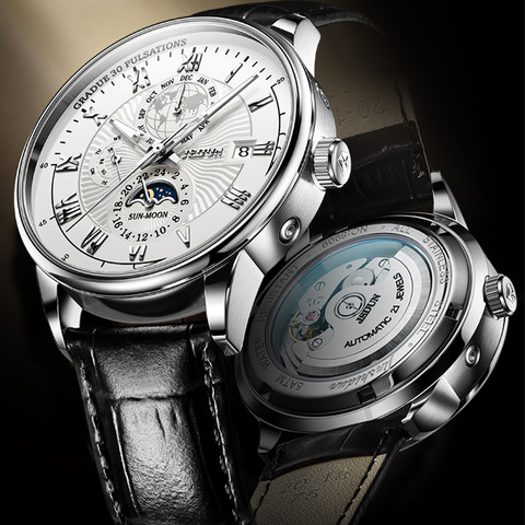 Luxury Brand JSDUN Moon Phase Automatic Wach Men Business Leather Automatic Mechanical Men's Wristwatches Waterproof Clock Male ► Photo 1/1