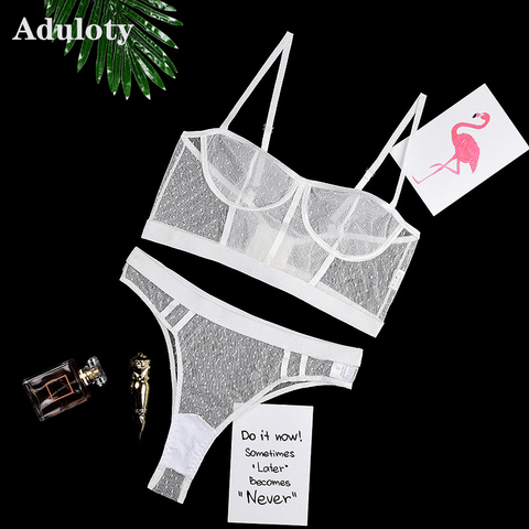 Aduloty New women's polka dot lace lingerie set mesh perspective wire free support comfortable sexy bra set thong underwear set ► Photo 1/6