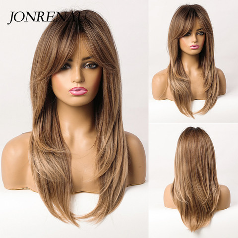JONRENAU Long Wave Ombre Dark Black Brown Blonde Synthetic Wigs for Women Party Daily Use Cosplay Wig Natural Curly Hair ► Photo 1/6