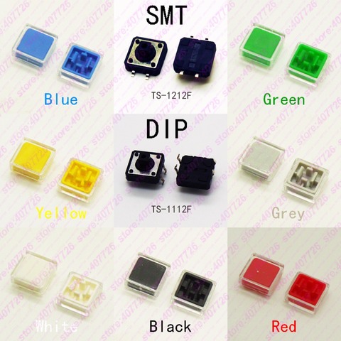 10PCS 12X12mm Total H=10MM (3 in1) Switch + 2parts Caps Momentary 4PIN SMT/DIP Tact Switch Push Button Switch Micro Key Button ► Photo 1/5