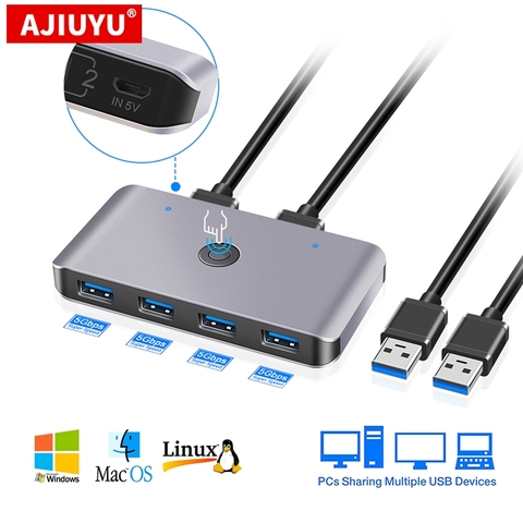 AJIUYU USB KVM Switch Box USB 3.0 2.0 Switcher 2 Port PCs Sharing 4 Devices for Keyboard Mouse Printer Monitor with 2 Cables ► Photo 1/6