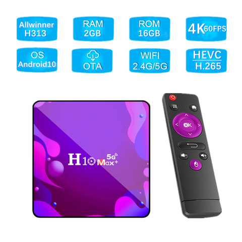 H10 Max plus Smart TV Box Android 10.0 Set Top Box H313 Quad Core 64 Bit 2GB 16GB ROM 5G 2.4G WIFI Netflix 4K Smart Media Player ► Photo 1/1
