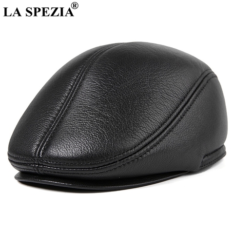 LA SPEZIA Winter Flat Caps Beret Men Black Warm Duckbill Hat Ivy Male Earflaps Thicker Genuine Leather Solid Classic Driving Cap ► Photo 1/6