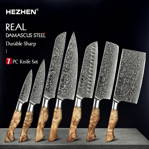 HEZHEN 7PC Kitchen Knife Set Professional Damascus Steel Chef Bread Paring Santoku Sharp Nakiri Cook Knife Kitchen Knife ► Photo 1/6