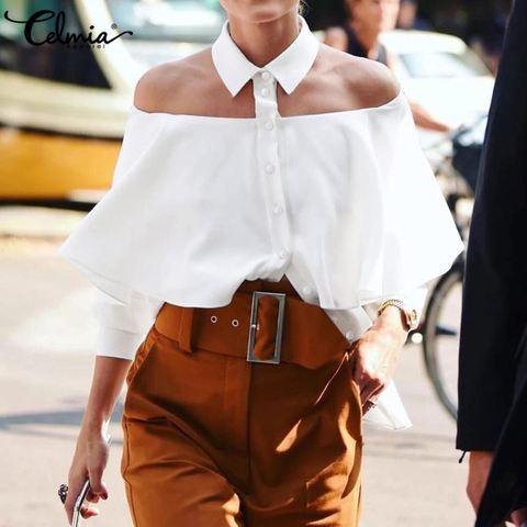 Women's Blouse 2022 Cold Shoulder Sexy Halter Women Shirt Celmia Ruffles Solid Office Casual Top Autumn Buttons Party Blusas 5XL ► Photo 1/6