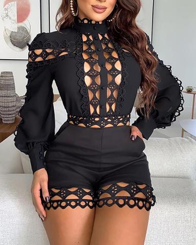 Sexy Hollow Out Playsuits for Women Summer Long Sleeve Skinny Nightclub Overall Fashion Woman Clothing ► Photo 1/3