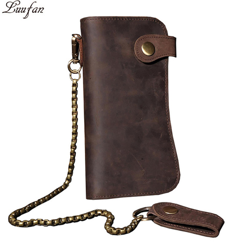 Men's Vintage Crazy Horse Leather Chain Wallet Genuine Leather Bifold Long Wallet Snap Card Holder Purse Zipper Coin Rfid Pocket ► Photo 1/6