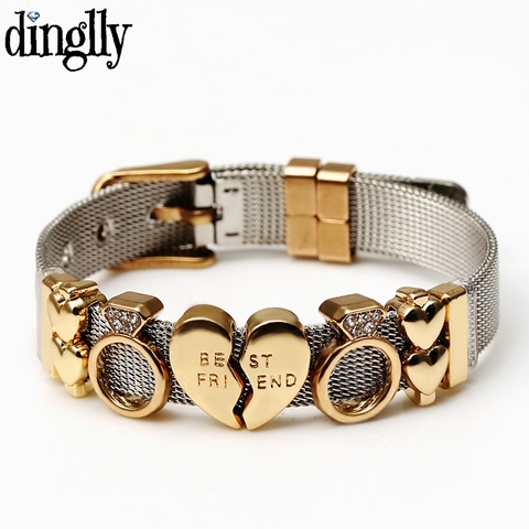 DINGLLY Two-tone Stainless Steel Mesh Bracelets For Women Men Golden Love Heart Beaded 10mm Ribbon Mesh Bracelet & Bangle Gifts ► Photo 1/6
