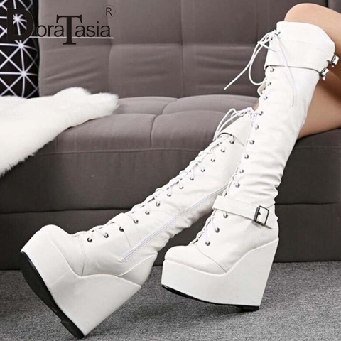 DORATASIA Big Size 35-43 Ladies Wedges High Heels Knee High Boots Cross Tied High Platform Boots Women Party Sexy Shoes Woman ► Photo 1/3