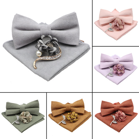 Men Super Soft Suede Solid Color Cotton Bow Tie Handkerchief Brooch Set Bowtie Orange Pink Blue Butterfly Wedding Novelty Gift ► Photo 1/6