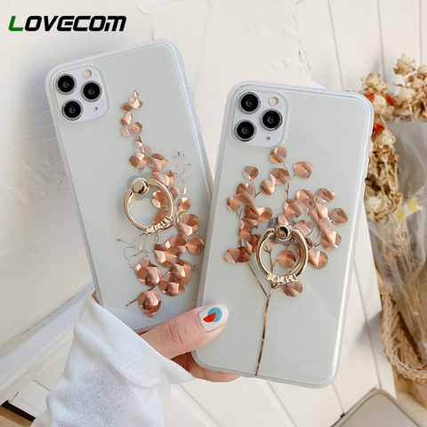 LOVECOM For iPhone 12 Pro Case Finger Ring Clear Phone Case For iPhone 12 11 Pro XS Max XR X 7 8 Plus Soft IMD Leaf Back Cover ► Photo 1/6