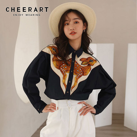CHEERART Deer Embroidered Long Sleeve Shirt Vintage Button Up Collar Dark Green Shirt For Women Designers Tops And Blouses 20221 ► Photo 1/6