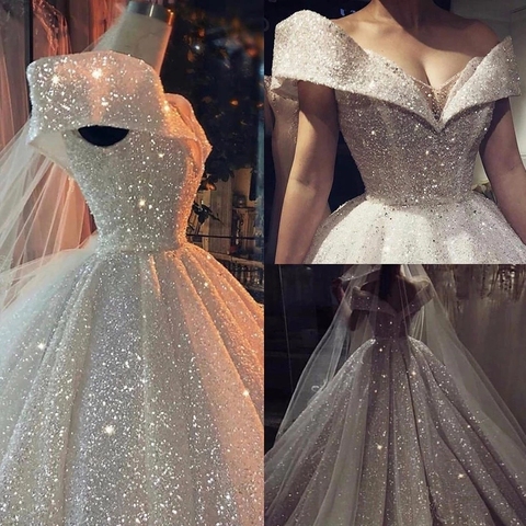 Luxury Ball Gown Wedding Dress 2022 V Neck Sparking Fabric Dubai Bridal Gown Backless Shining White Formal Wear Plus Size ► Photo 1/1