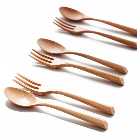 Creative Design Thick Handle Wood Spoon Fork Portable Tableware Wooden Cutlery Sets Travel Dinnerware Environmental Kitchen Tool ► Photo 1/6