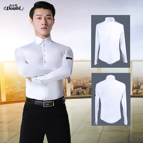 DOUBL Dance Men Latin Ballroom Shirt Male Workout Adult Ballroom Competition White BODY button Dance Stage Performance Clothes ► Photo 1/6