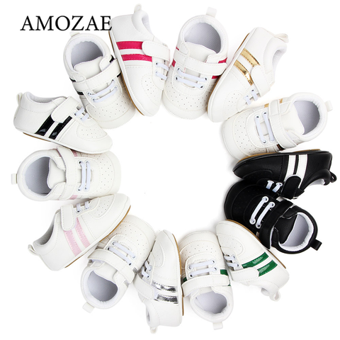 2022 Baby Shoes Newborn Boys Girls Two Striped First Walkers Kids Toddlers Lace Up PU Leather Soft Soles Sneakers 0-18 Months ► Photo 1/6