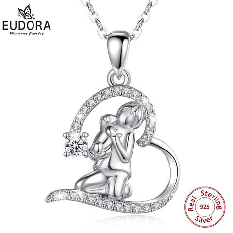 Eudora New 925 Sterling Silver angel girl hug dog Pendant heart Crystal CZ Necklace Fine Jewelry Girlfriend birthday gift D561 ► Photo 1/1