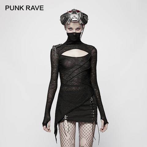 PUNK RAVE New Black Slim Punk Women Knitted T-Shirt Fashion Dark  Handsome Mask Styling Tees Hollow Design Chest Gothic Tops ► Photo 1/6