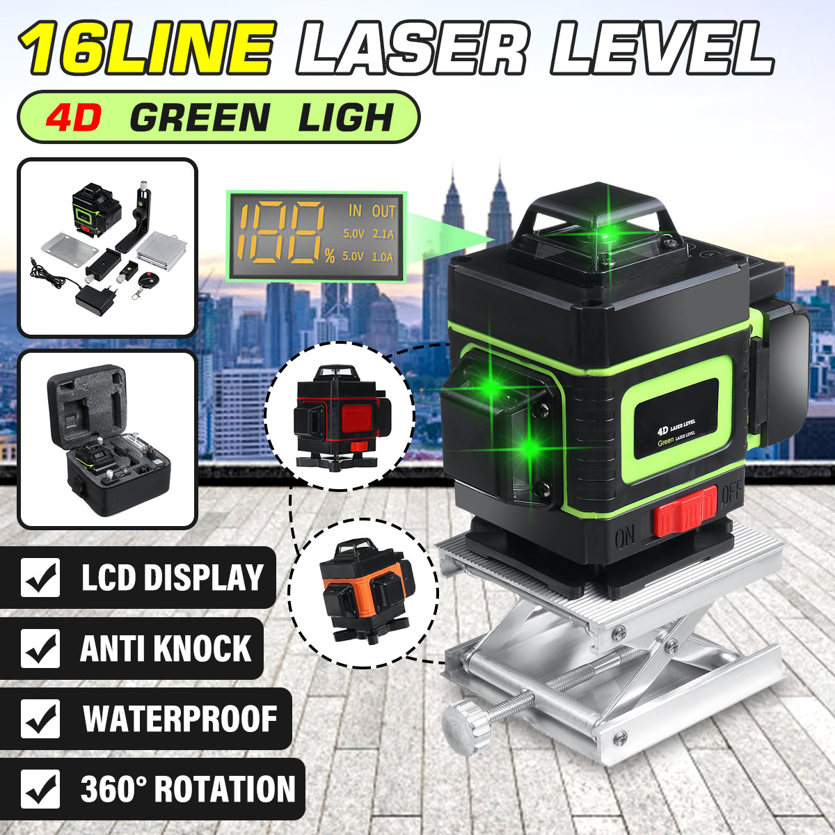 3D Laser Level 12 Line Green LED Display 360° Self Leveling Rotary Measure Tool