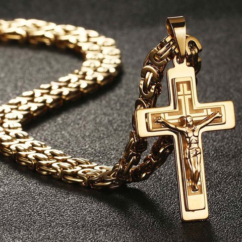 Jesus Cross Long Byzantine Chain Stainless Steel Necklaces Pendants for Men Christian Crucifix Necklace Religious Jewelry colar ► Photo 1/6